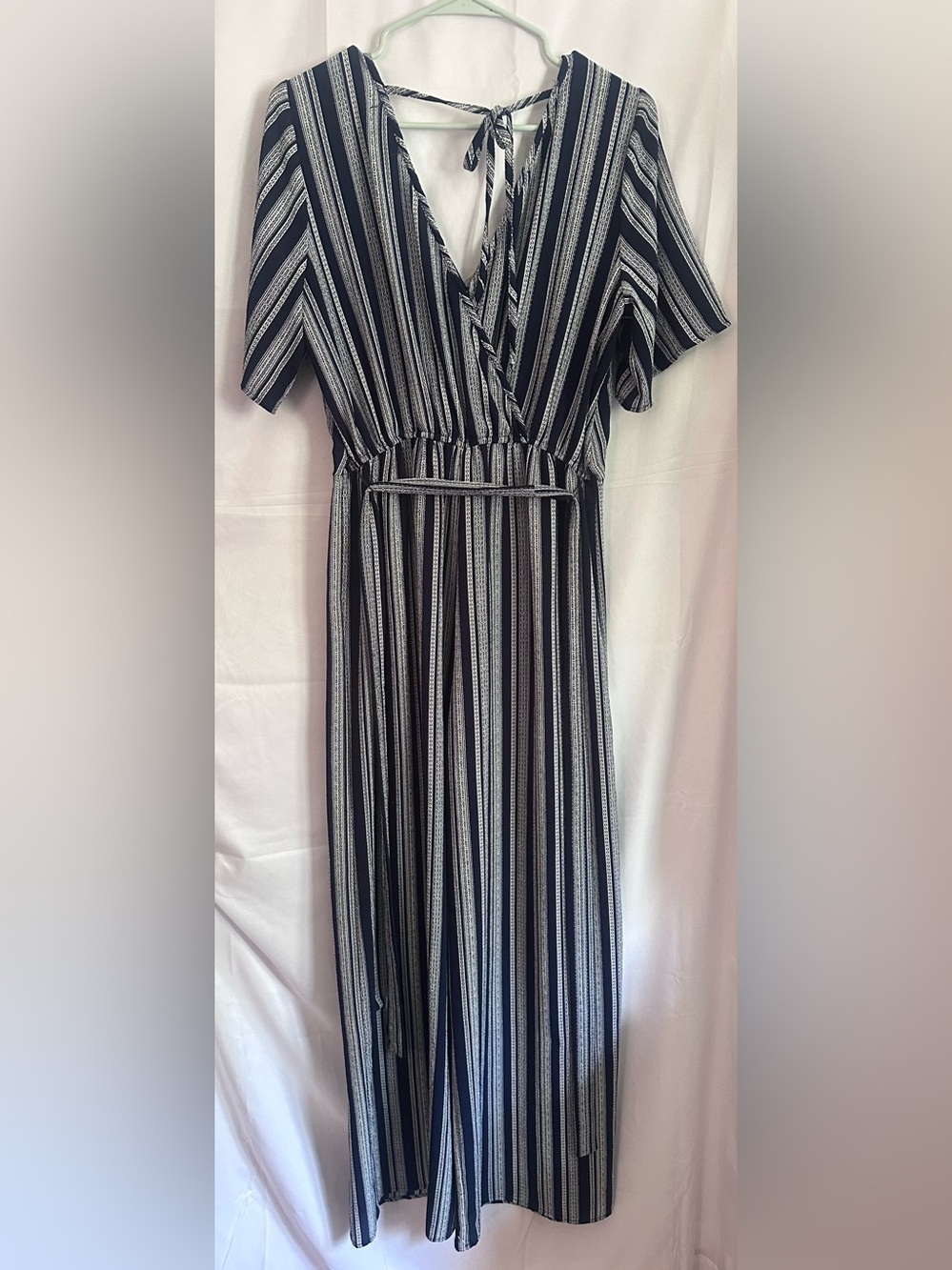 Trixxi Navy & White Striped Wrap-Front Jumpsuit with Tie Waist - Picture 7 of 7